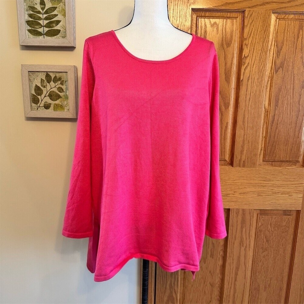 Tahari Tunic Top Womens 1X/XL Plus Hot Pink Knit Long Sleeve Scoop Neck